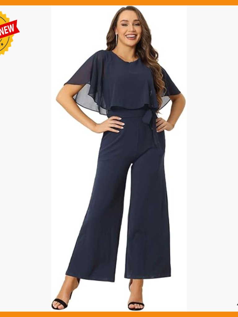 Loose Fit Jumpsuit With Ruffle Sleeves Tie Waist Wide Leg Pockets